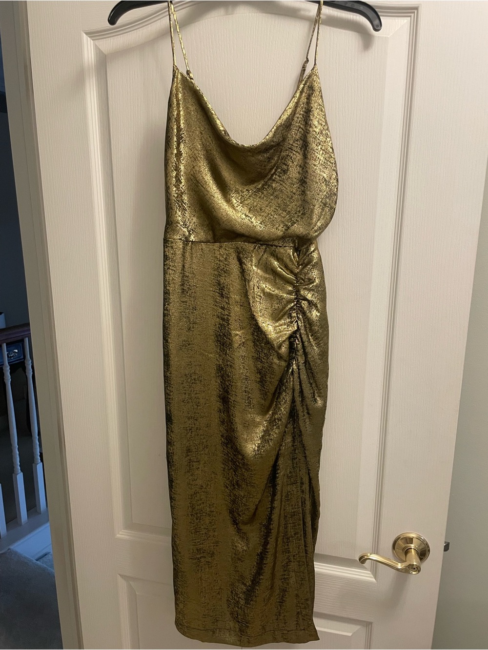 Astr the Label Metallic Gold Cowl Neck Midi Dress